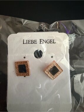 Rose Gold Square Stud Earrings with Black Center Accent